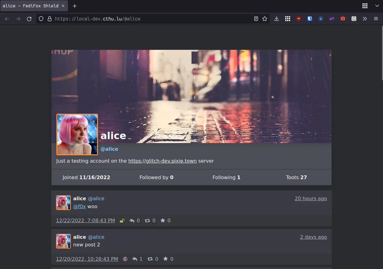 FediFox Shield rendered profile, showing an avatar, bio and account stats for test-user Alice, followed by a list of recent toots
